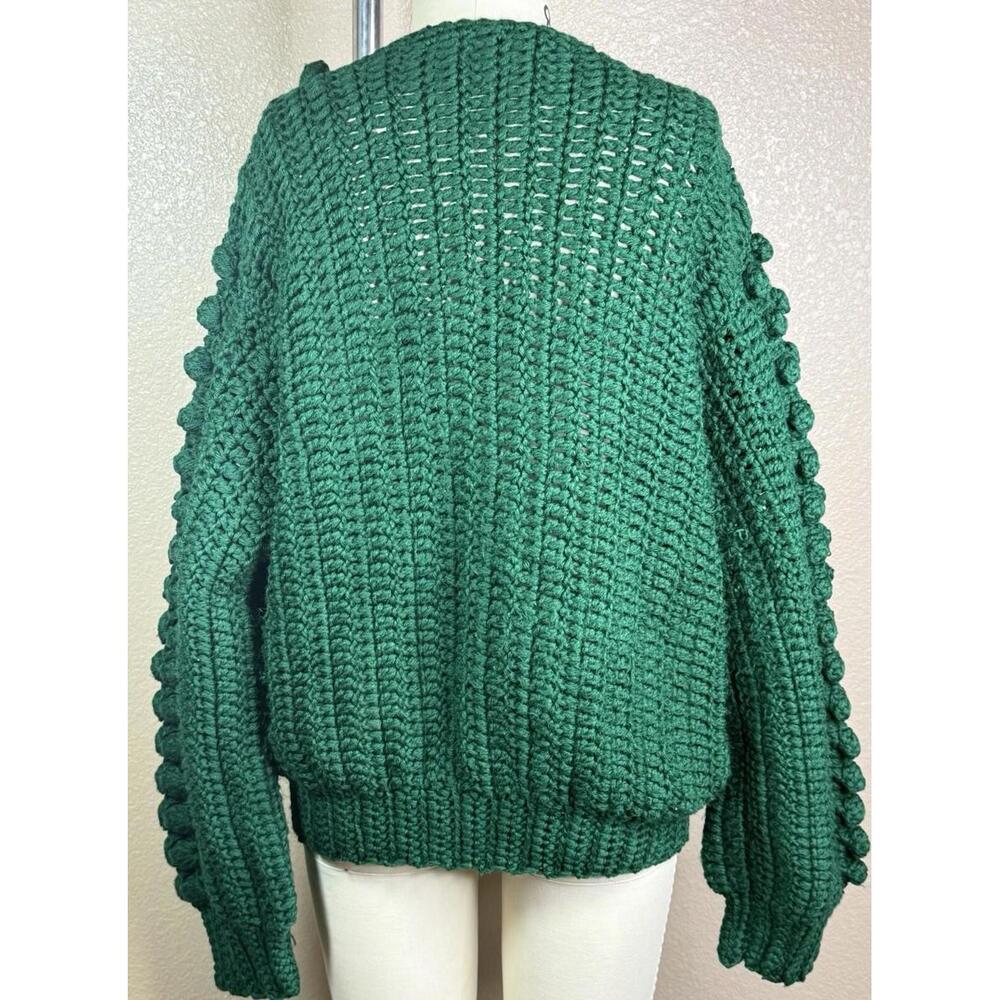 Vintage  Handmade 80s Green Popcorn Chunky Knit‎ Cardigan Sweater Size M - Picture 8 of 9